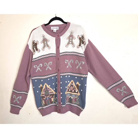 Gingerbread Man House Cardigan Womens Sweater Sz 1X Christmas Mauve Embroidered - Picture 1 of 16